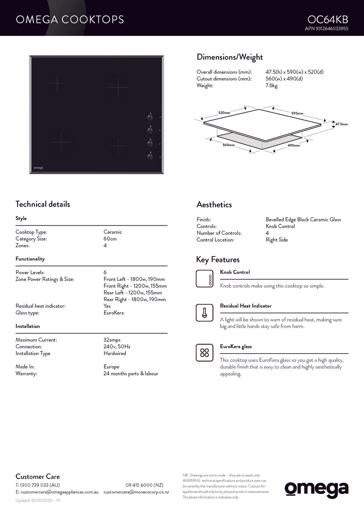 Omega OC64KB 60cm Ceramic Cooktop, Knob Controls