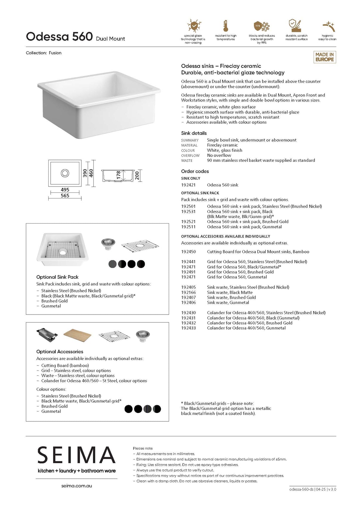 Seima 192511 Odessa 560 Ceramic Butler Sink, Single Bowl, 565x460mm Abovemount/Undermount, White Gloss with Gunmetal Basket Waste & Grid