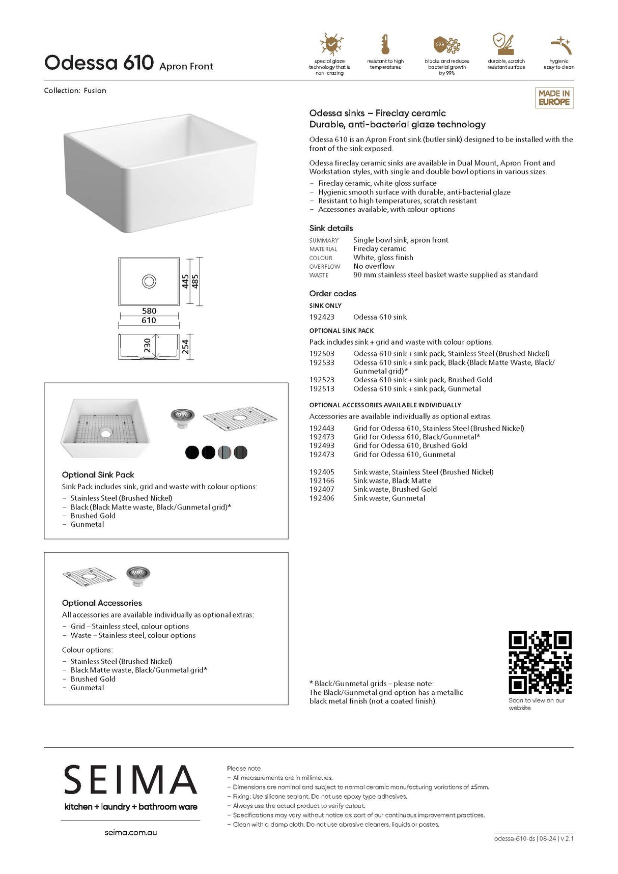 Seima 192423 Odessa 610 Ceramic Butler Sink, Single Bowl, 610x485mm Abovemount/Undermount, White Gloss with Stainless Steel Basket Waste