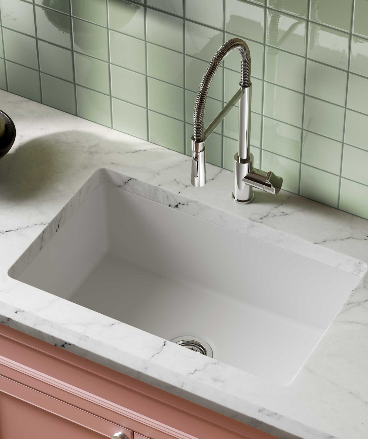Seima 192522 Odessa 760 Ceramic Butler Sink, Single Bowl, 760x480mm Abovemount/Undermount, White Gloss with Brushed Gold Basket Waste & Grid