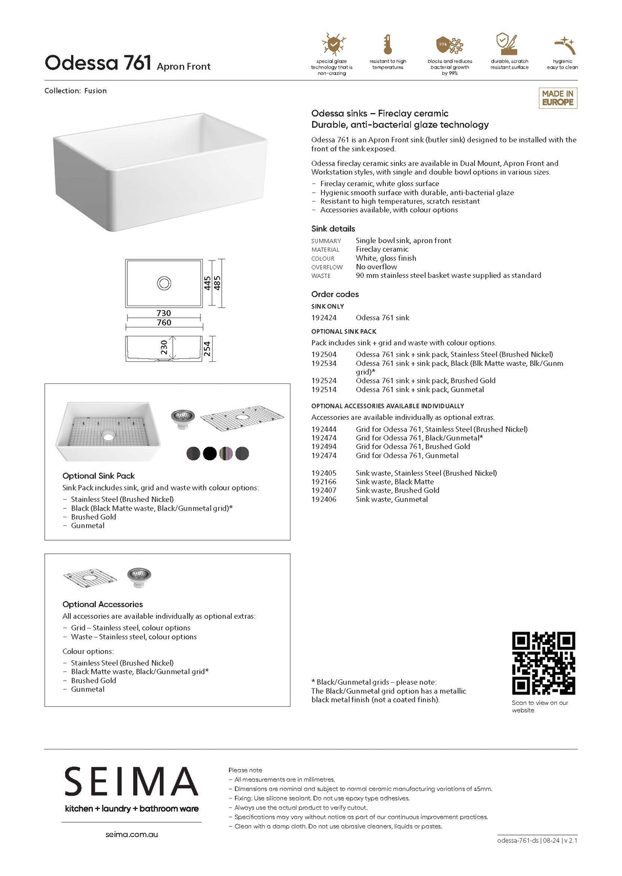 Seima 192514 Odessa 761 Ceramic Butler Sink, Single Bowl, 760x485mm Apron Front, White Gloss with Gunmetal Basket Waste & Grid