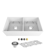 Seima 192515 Odessa 915 Ceramic Butler Sink, Double Bowl, 915x485mm Apron Front, White Gloss with Gunmetal Basket Waste & Grid