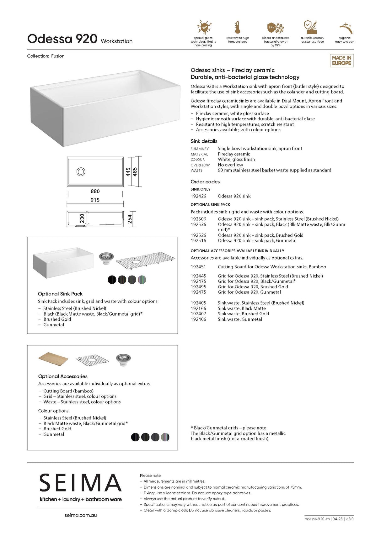 Seima 192506 Odessa 920 Ceramic Butler Sink, Single Bowl, 915x485mm Workstation, White Gloss with Stainless Steel Basket Waste & Grid