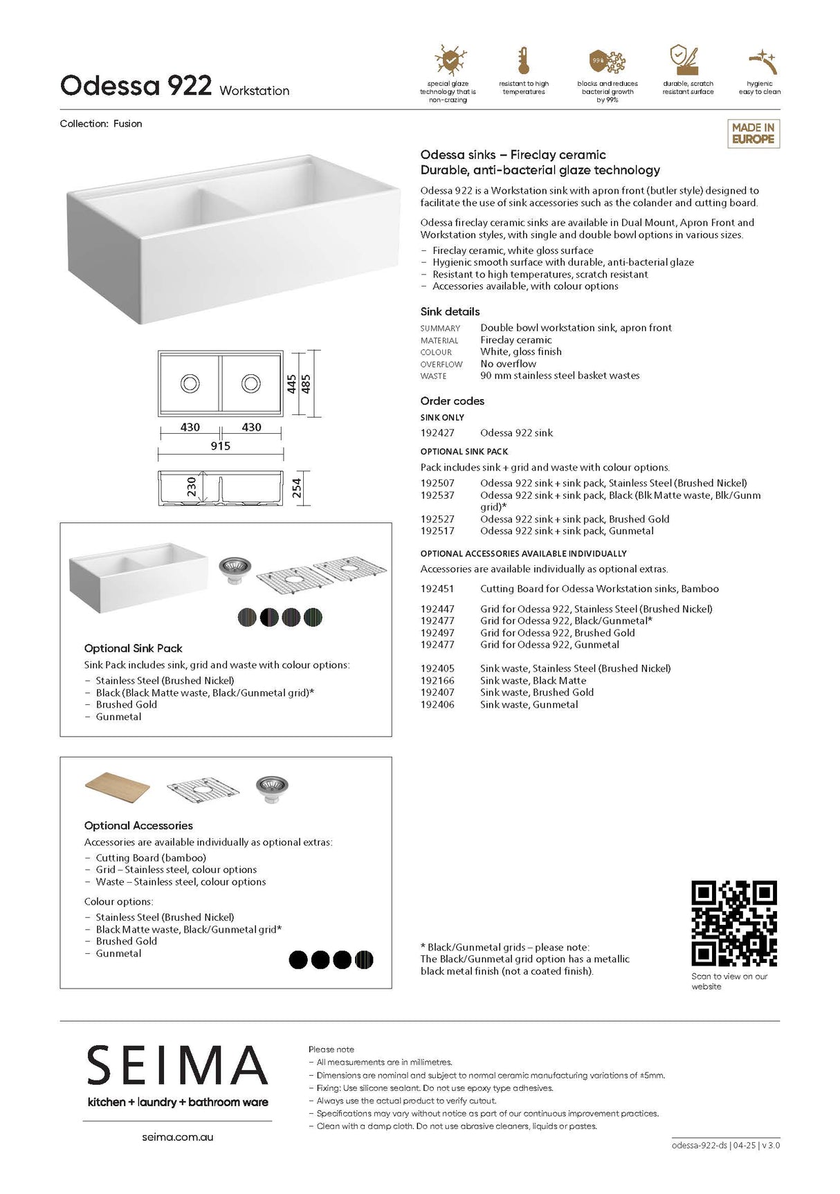 Seima 192517 Odessa 922 Ceramic Butler Sink, Double Bowl, 915x485mm Workstation, White Gloss with Gunmetal Basket Waste & Grid