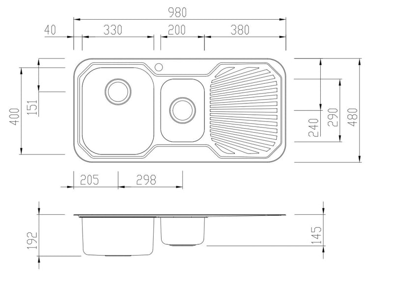 Oliveri Pe301 Petite 1 And 1/2 Bowl Right Hand Drainer Topmount Sink Top Mounted Kitchen Sinks