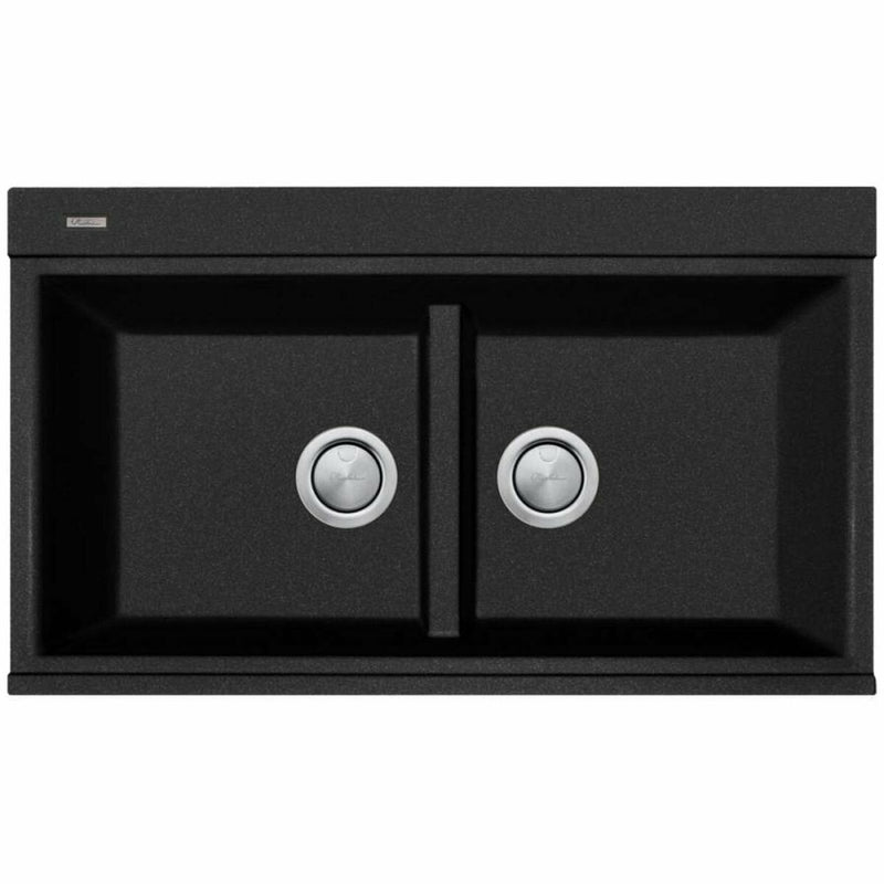 Oliveri St-Bl1566Gtkit Santorini Double Bowl Black Granite Sink With Glass Top Kitchen Sinks