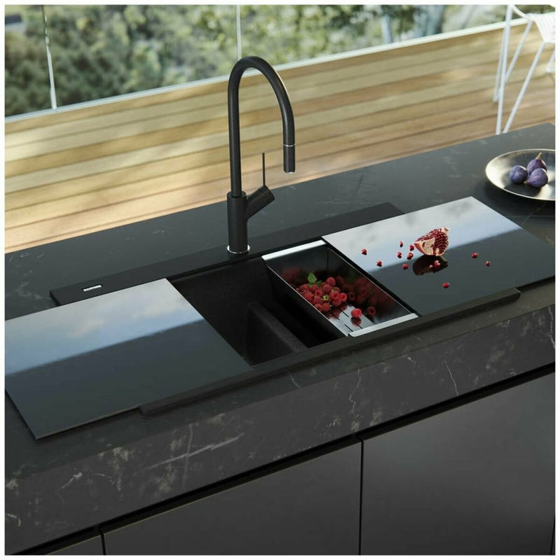 Oliveri St-Bl1566Gtkit Santorini Double Bowl Black Granite Sink With Glass Top Kitchen Sinks