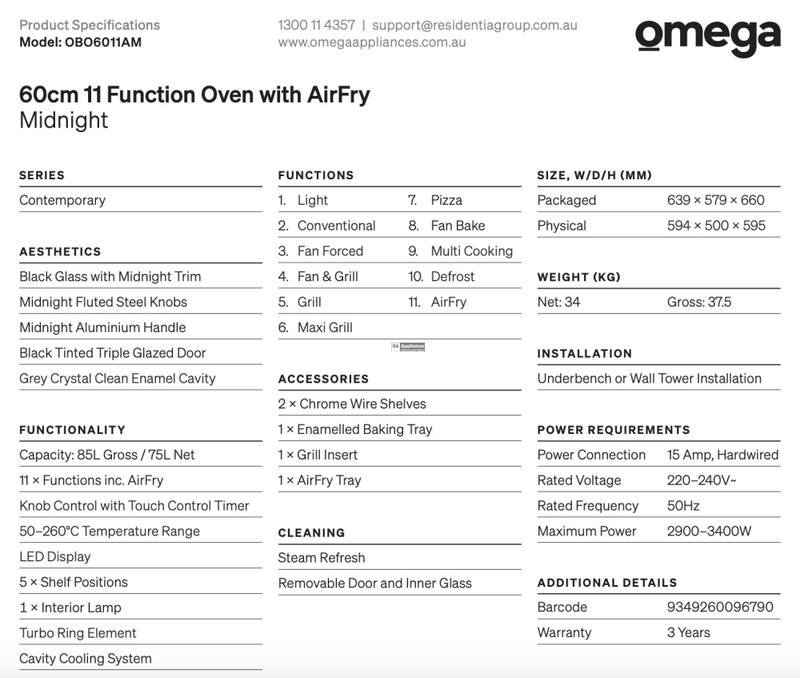 Omega Obo6011Am 60Cm 11 Function Oven With Airfry - Special Order Electric Oven