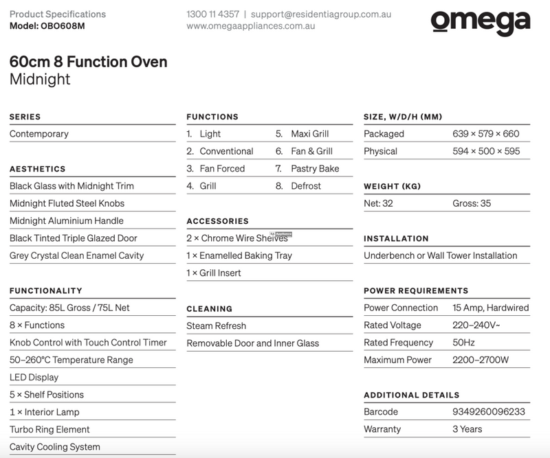 Omega Obo608M 60Cm 8 Function Fan Forced Oven - Special Order Electric Oven