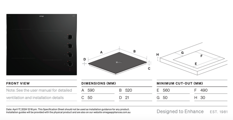 Omega Occ604Kz 60Cm Ceramic Cooktop Knob Controls - Special Order