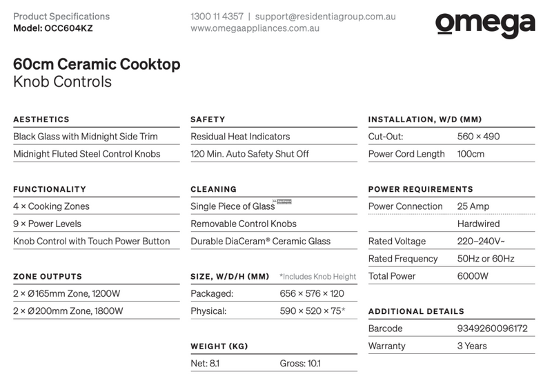 Omega Occ604Kz 60Cm Ceramic Cooktop Knob Controls - Special Order