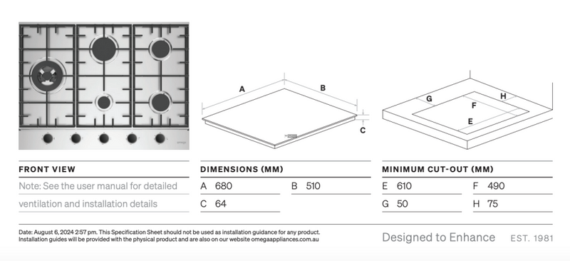 Omega Ocg705Wx 70Cm Gas Cooktop Stainless Steel - Special Order