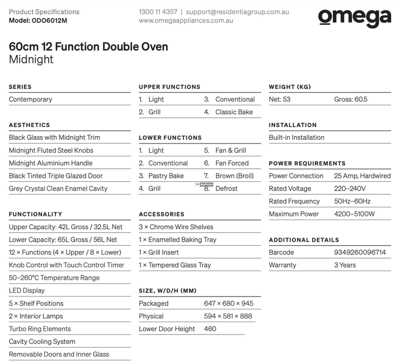 Omega Odo6012M 60Cm 12 Function Double Oven - Midnight Special Order Duo Wall Ovens