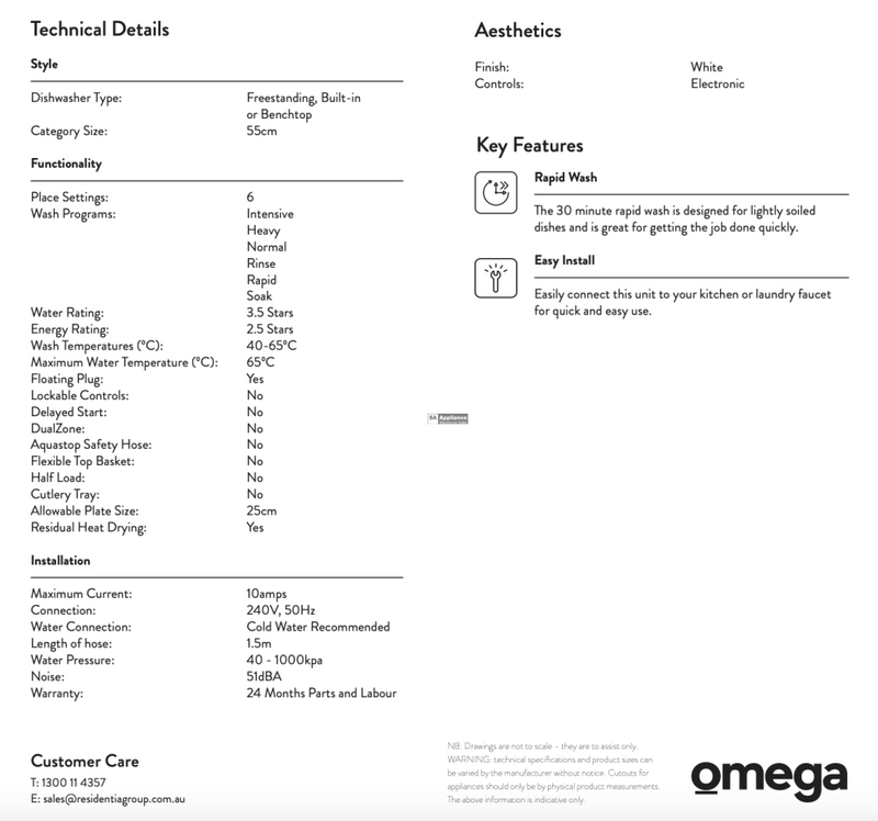 Omega Odw101W 55Cm White Benchtop Dishwasher - Special Order Dishwashers