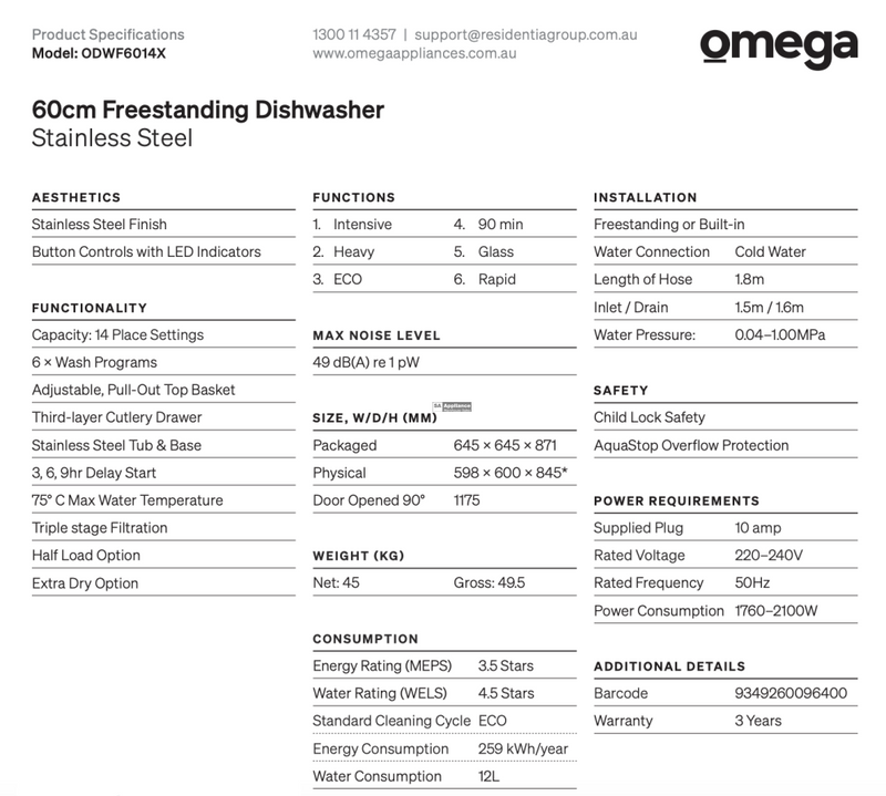 Omega Odwf6014X 60Cm Stainless Steel Freestanding Dishwasher With Cutlery Draw - Special Order