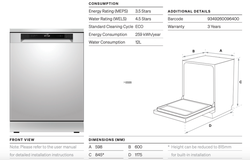 Omega Odwf6014X 60Cm Stainless Steel Freestanding Dishwasher With Cutlery Draw - Special Order