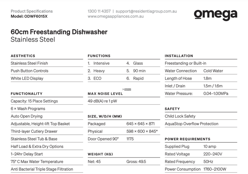 Omega Odwf6015X 60Cm Stainless Steel Freestanding Dishwasher - Special Order Standard