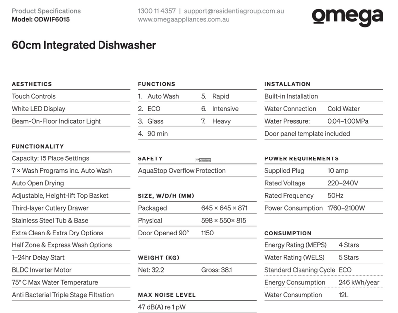 Omega Odwif6015 60Cm Fully Integrated Dishwasher - Special Order