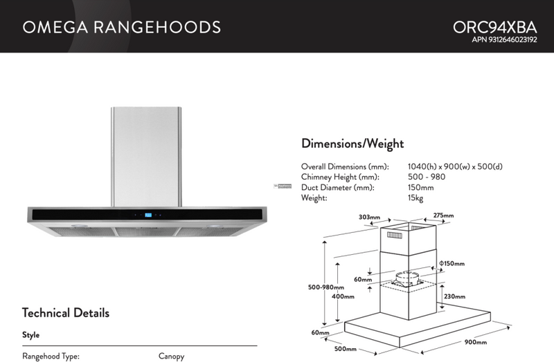 Omega Orc94Xba 90Cm Canopy Rangehood - Special Order Rangehoods