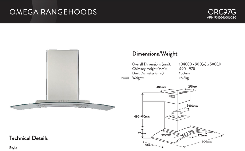 Omega Orc97G 90Cm Curved Glass Canopy Rangehood - Special Order (Copy) Rangehoods