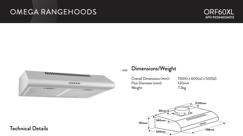 Omega Orf60Xl 60Cm Stainless Steel Fixed Rangehood - Special Order Rangehoods