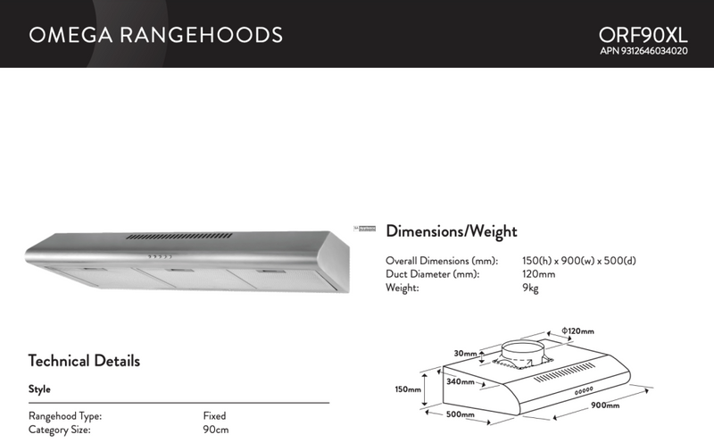 Omega Orf90Xl 90Cm Stainless Steel Fixed Rangehood - Special Order Rangehoods