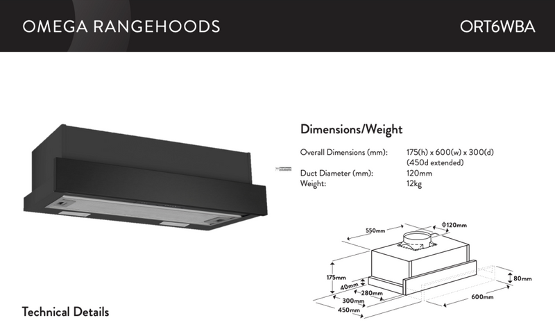 Omega Ort6Wba 60Cm Slide-Out Rangehood Matte Black - Special Order Slide Out