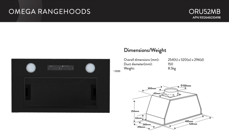 Omega Oru52Mb 52Cm Undermount Rangehood Matte Black - Special Order Rangehoods