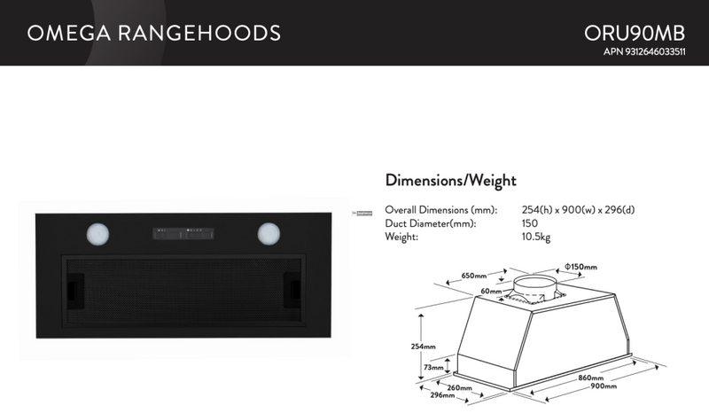 Omega Oru90Mb 90Cm Undermount Rangehood Matte Black - Special Order Rangehoods