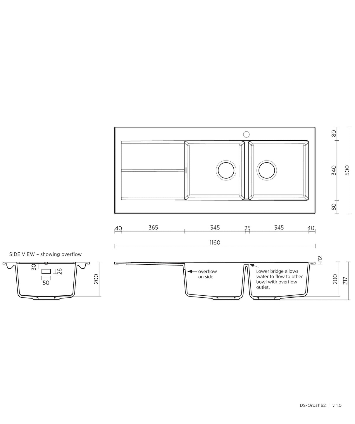 Seima 191064 Oros Sink, Abovemount, Left Hand Drainer, One Taphole, Black, 1160mm x 500mm