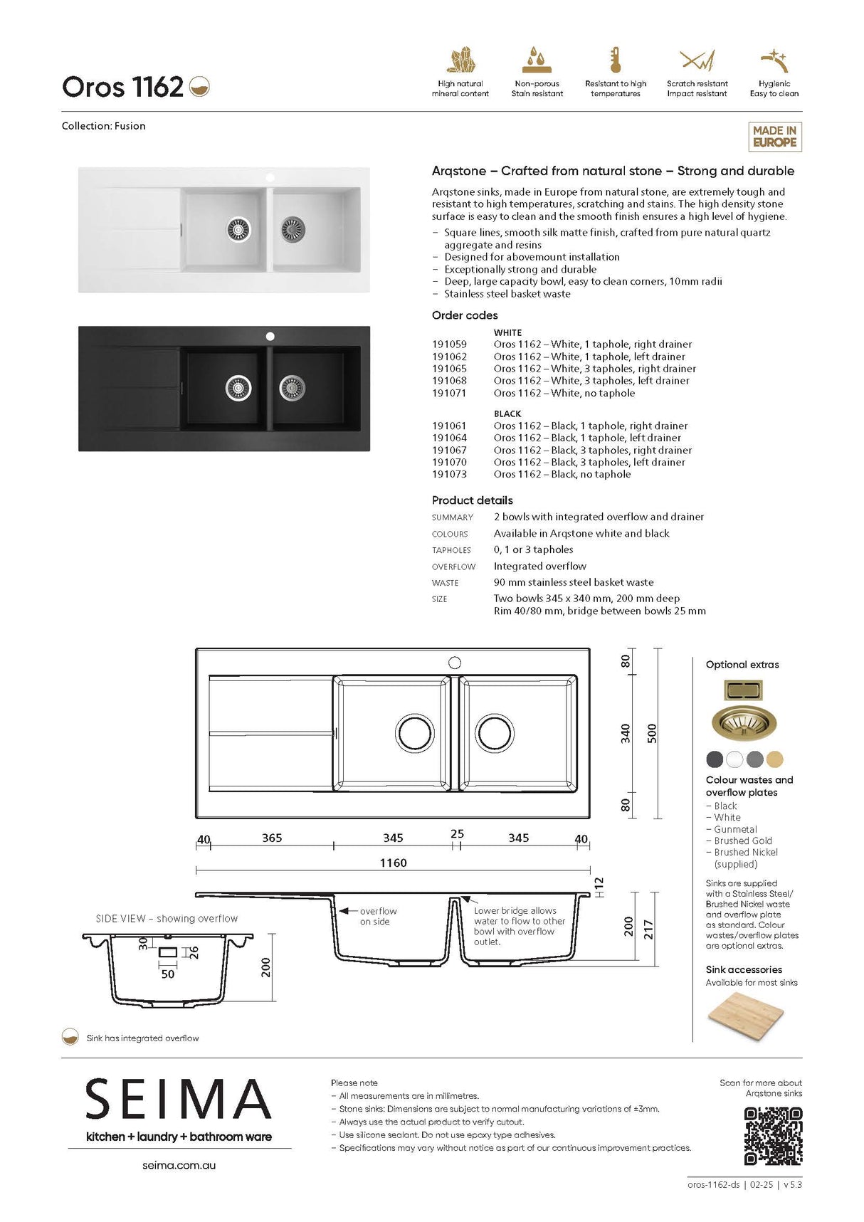 Seima 191064 Oros Sink, Abovemount, Left Hand Drainer, One Taphole, Black, 1160mm x 500mm