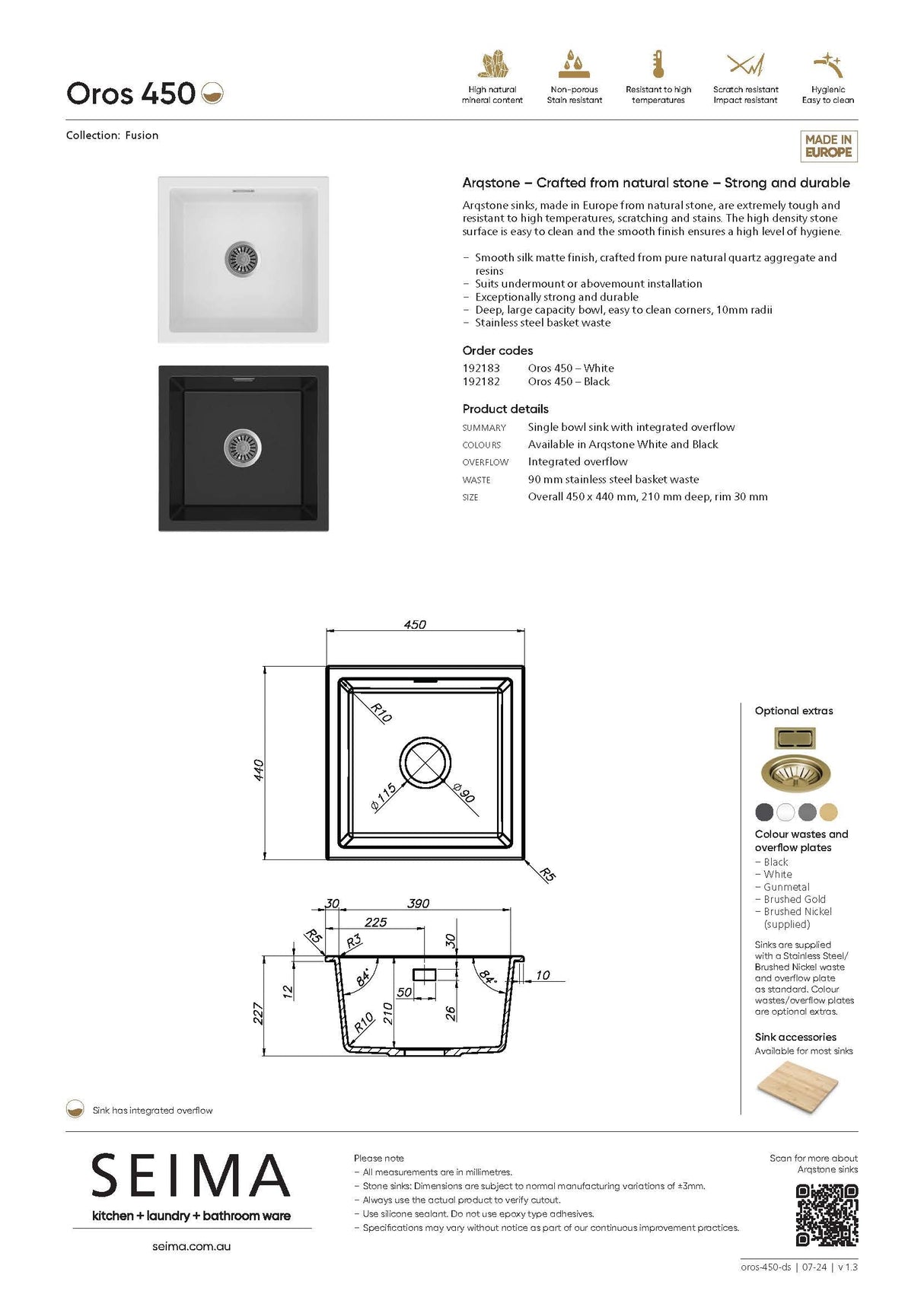 Seima 192183 Oros Arqstone Sink, Abovemount/Overmount, No Taphole, White, 450x440mm