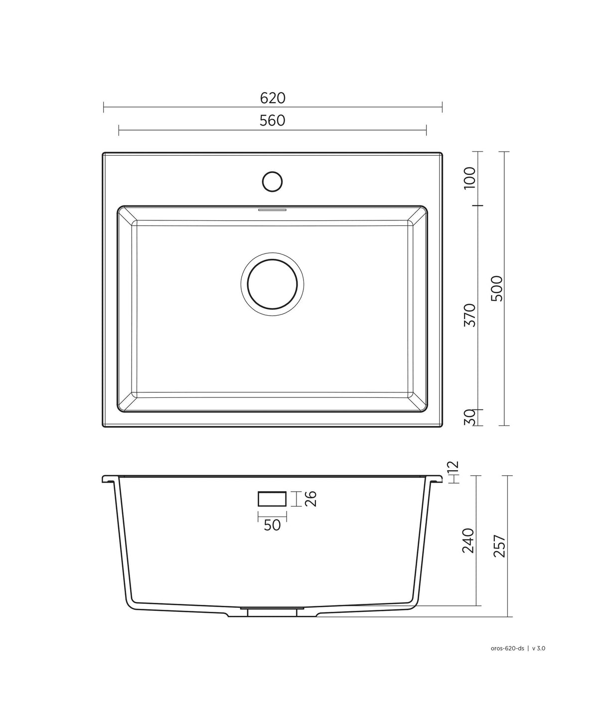 Seima 191987 Oros Arqstone Sink, Abovemount, One Taphole, Black, 620 x 500mm