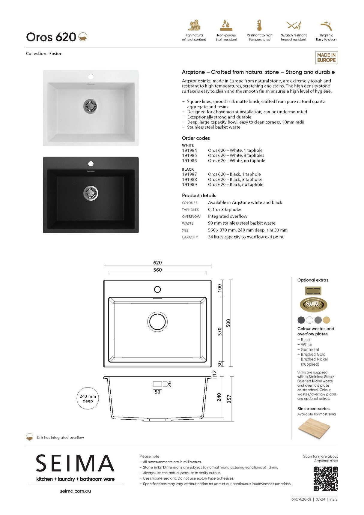 Seima 191987 Oros Arqstone Sink, Abovemount, One Taphole, Black, 620 x 500mm