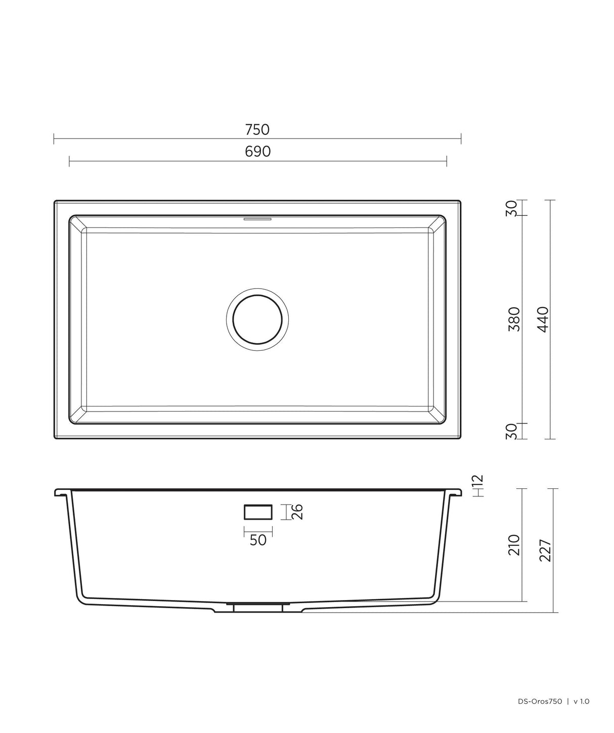 Seima 191035 Oros Arqstone Sink, Abovemount/Undermount, No Taphole, White, 752 x 440mm