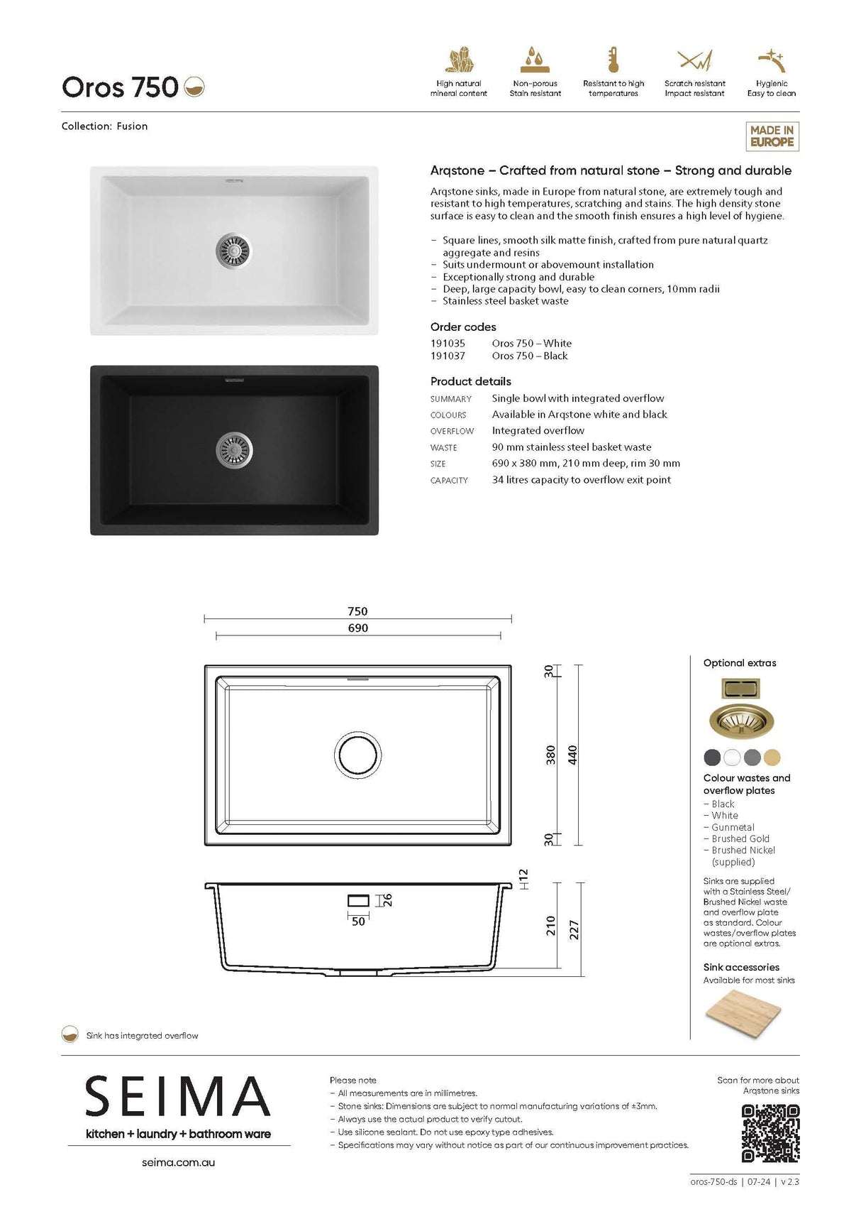 Seima 191037 Oros Arqstone Sink, Abovemount/Undermount No Taphole, Black, 752 x 440mm