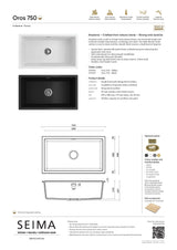 Seima 191035 Oros Arqstone Sink, Abovemount/Undermount, No Taphole, White, 752 x 440mm