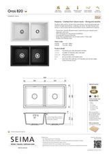 Seima 191040 Oros 820 Double Bowl Arqstone Sink, Abovemount/Undermount, No Taphole, Black, 820 x 440mm