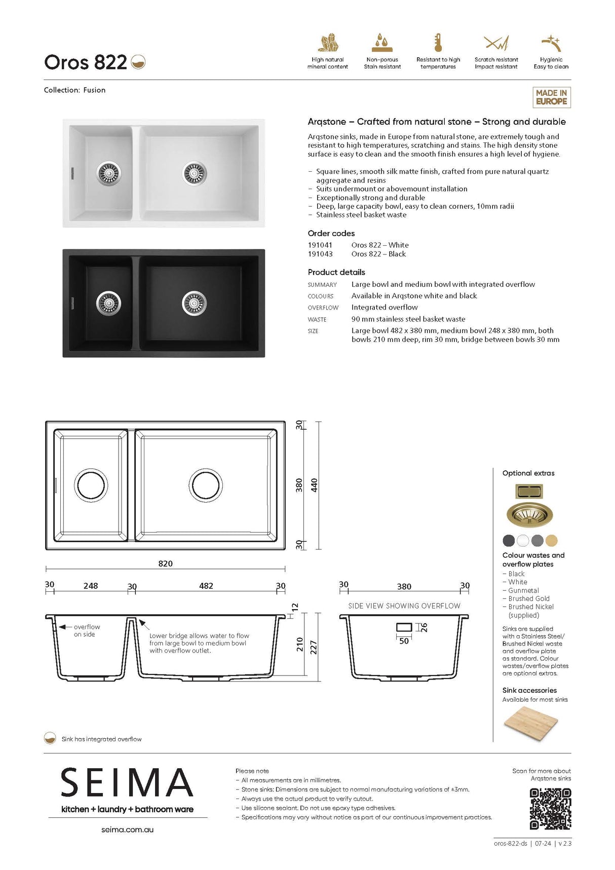 Seima 191041 Oros Arqstone 822 Sink, Abovemount/Undermount No Taphole, White, 820 x 440mm