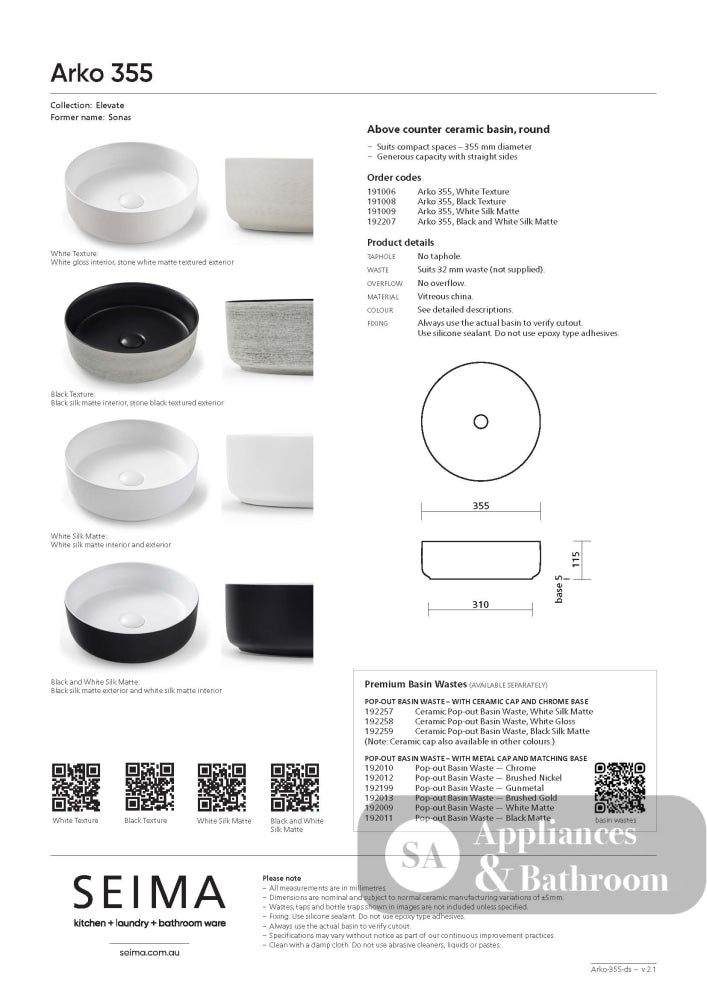 Seima 191006 Arko 355 Above Counter Basin Textured White - Basins
