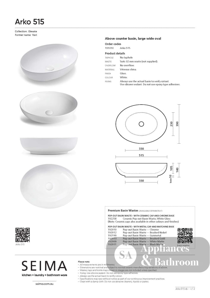 Seima 191010 Arko Above Counter Basin White No Taphole - Basins