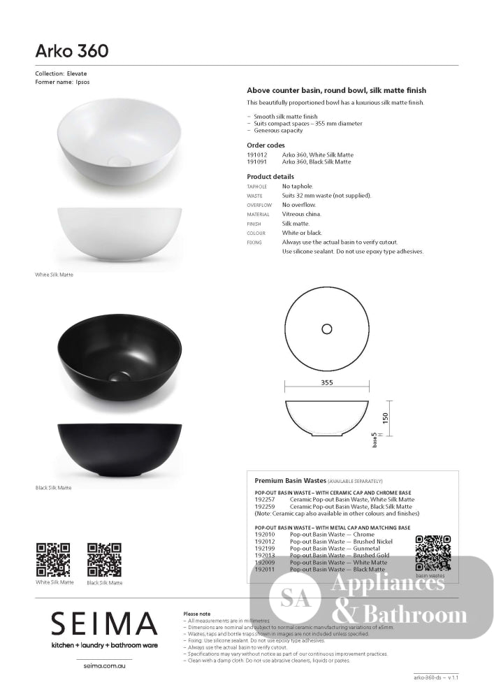 Seima 191012 Arko 360 Above Counter Basin White Silk No Taphole - Basins