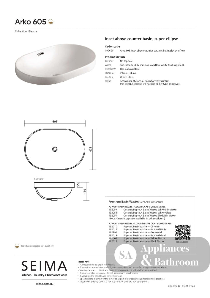 Seima 191021 Arko Above Counter Basin White No Taphole - Basins