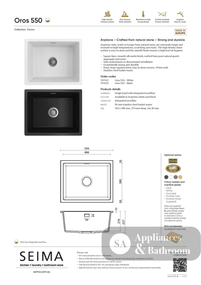 Seima 191025 Oros Sink Abovemount/Undermount No Taphole Black 550 x 440mm - Sinks