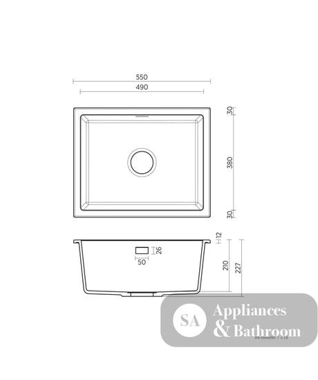 Seima 191025 Oros Sink Abovemount/Undermount No Taphole Black 550 x 440mm - Sinks