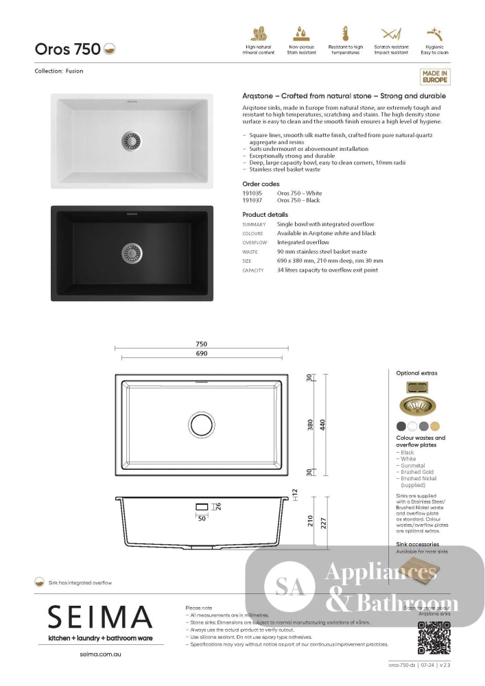 Seima 191035 Oros Arqstone Sink Abovemount/Undermount No Taphole White 752 x 440mm - Sinks