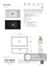 Seima 191035 Oros Arqstone Sink Abovemount/Undermount No Taphole White 752 x 440mm - Sinks