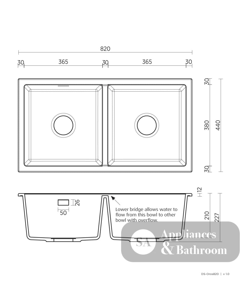 Seima 191040 Oros 820 Double Bowl Arqstone Sink Abovemount/Undermount No Taphole Black 820 x 440mm - Sinks