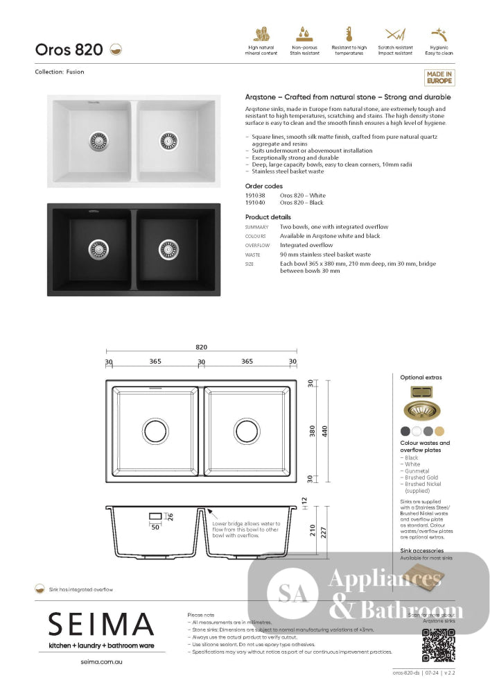 Seima 191040 Oros 820 Double Bowl Arqstone Sink Abovemount/Undermount No Taphole Black 820 x 440mm - Sinks