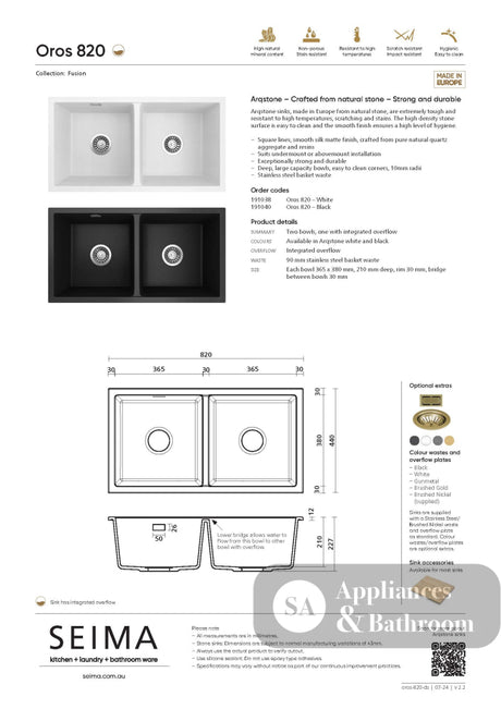 Seima 191040 Oros 820 Double Bowl Arqstone Sink Abovemount/Undermount No Taphole Black 820 x 440mm - Sinks